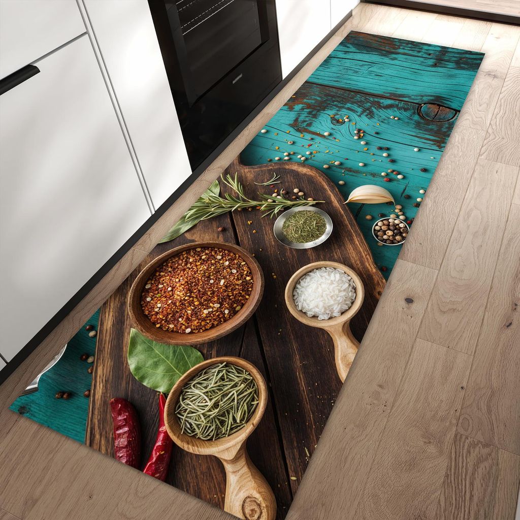Küchenteppich 80x250cm rutschfest & abwischbar PVC Läufer - Küchenzutaten Holztisch