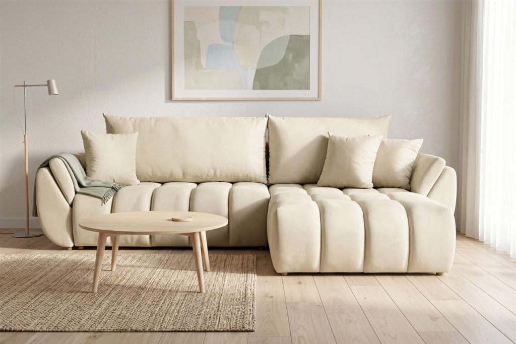 Ecksofa Schlafsofa Sofa COLLIN in Stoff Monolith Ecru Ottomane Rechts