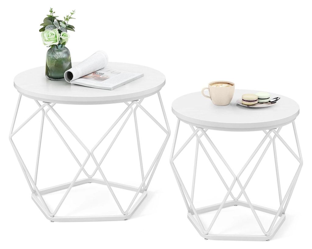 Rundes Couchtisch-Set - Beistelltische 2er-Set - Abnehmbare Tischplatte - Holzrahmen - Minimalistisches Design - Ohne Rollen - Weiß