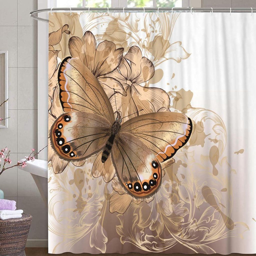 Goldene Pflanzen Flora Textil Blumen Schmetterling Duschvorhang schimmelbeständig - 180 x 200 cm mit 12 C-Ringen Duschvorhang