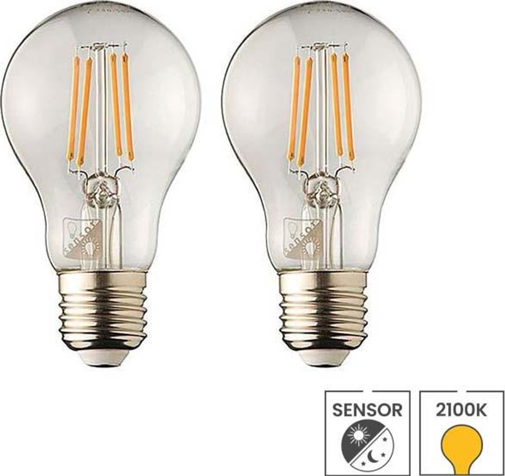 2er-Set Sensorlampe | 2W | 2100K extra warmweiß | E27 | LED-Lampe mit Tag- und Nachtsensor | Filament | Filament Lybardo