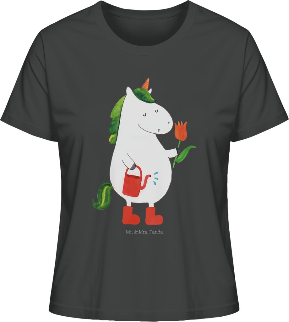 Mr. & Mrs. Panda Oberteil Damen Einhorn Gärtner Größe S - Anthrazit - Geschenk, Freundin, Basic T-Shirt, Garten, Einhörner, Baumwoll, Blume, Lu...