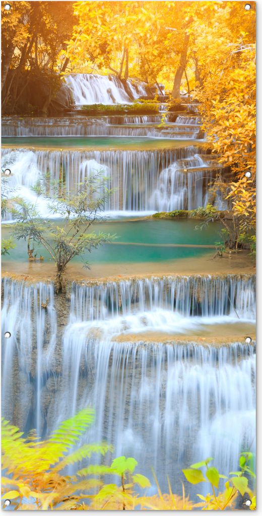 MuchoWow 80x160 cm Outdoor-Poster Gartendeko Sichtschutz Garten Poster für den Garten Wasserfall - Herbst - Bäume - Braun - Wasser