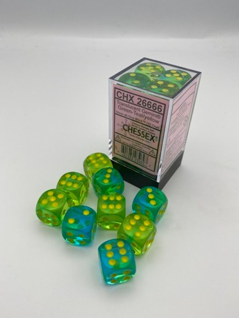 Chessex Würfel Gemini translucent grün-blau-gelb D6 16mm Set 12 Stück