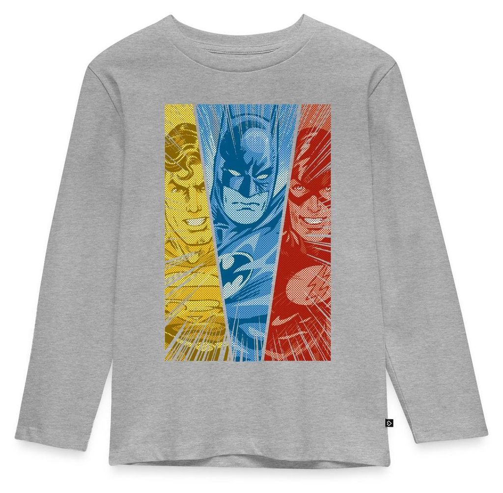 Spreadshirt DC Comics Justice League Superman Batman Flash Kinder Premium Langarmshirt, 122/128 (6 Jahre), Grau meliert