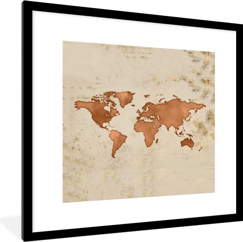 MuchoWow MuchoWow Gerahmtes Poster Weltkarte - Vintage - Orange 40x40 cm - Poster mit zchwarzem Bilderrahmen - Poster - Plakat im Rahmen