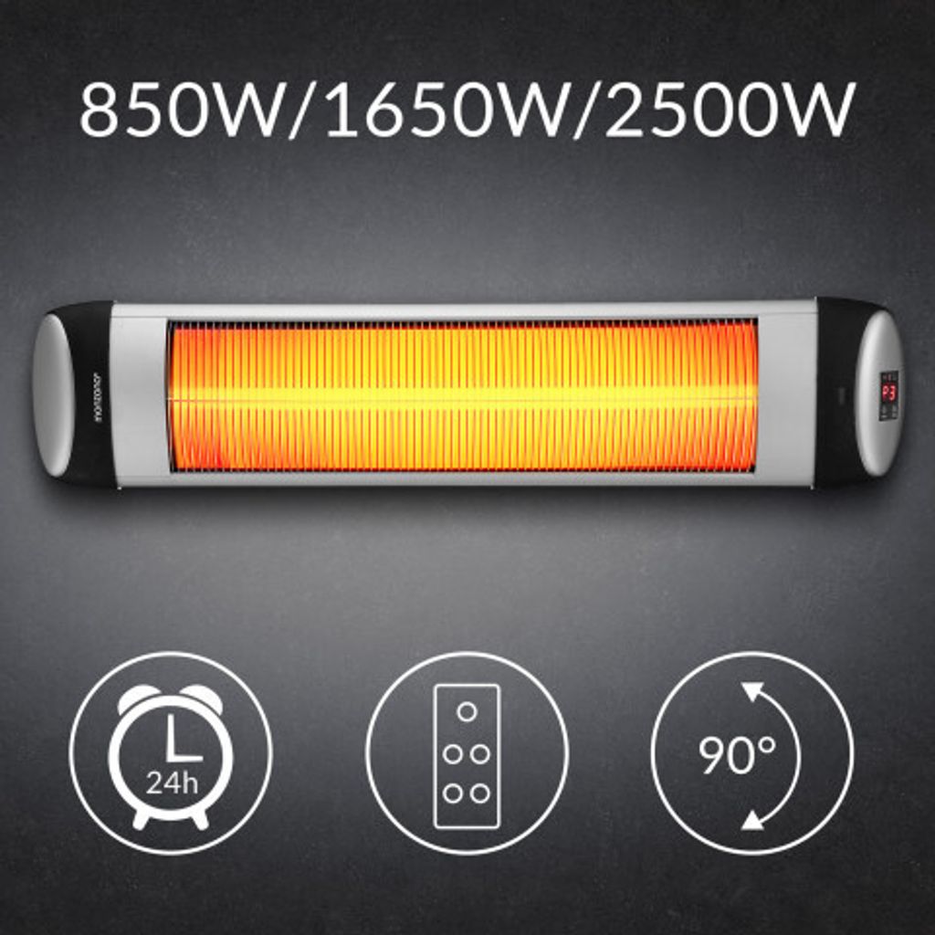 Monzana Infraroodstraler MZH2501 Timer 2500W 3 Niveaus 24 u Afstandsbediening 90 Graden Kantelhoek Elektrisch Warmtestraler Terrasverwarmer Zilver