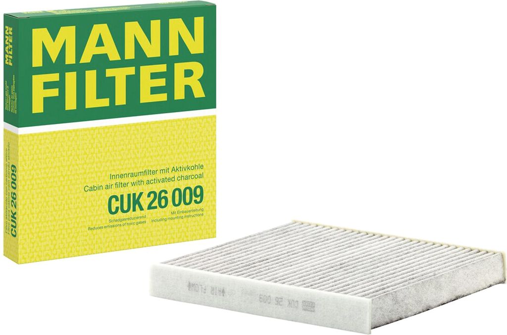 A product shot of a Mann Filter cabin air filter and its packaging, presented on a white background.
