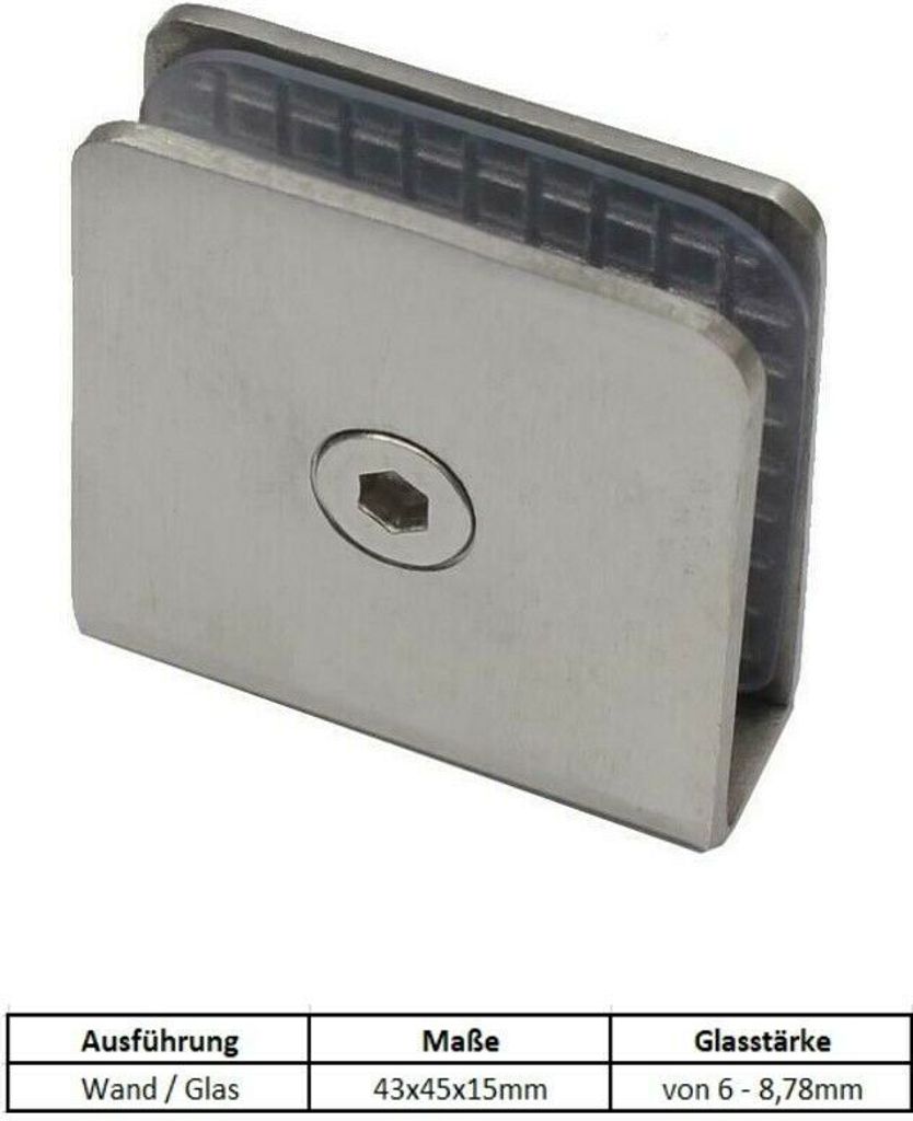 Edelstahl Glashalter 6mm 8mm 8,38mm 8,76mm Klemmhalter Glasklemme Glastüre Glas A