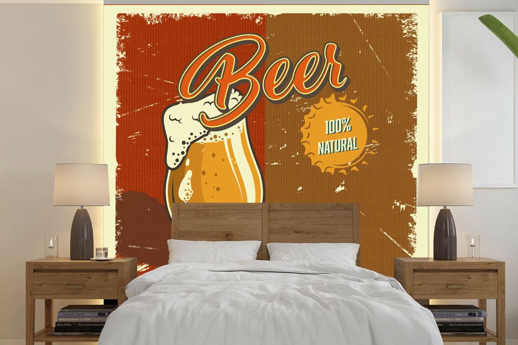 MuchoWow Fototapete für Wohnzimmer oder Schlafzimmer Wandtapete Vinyl Motivtapete Mannshöhle - Bier - Rot - Vintage - 300x300 cm - Wanddekoration