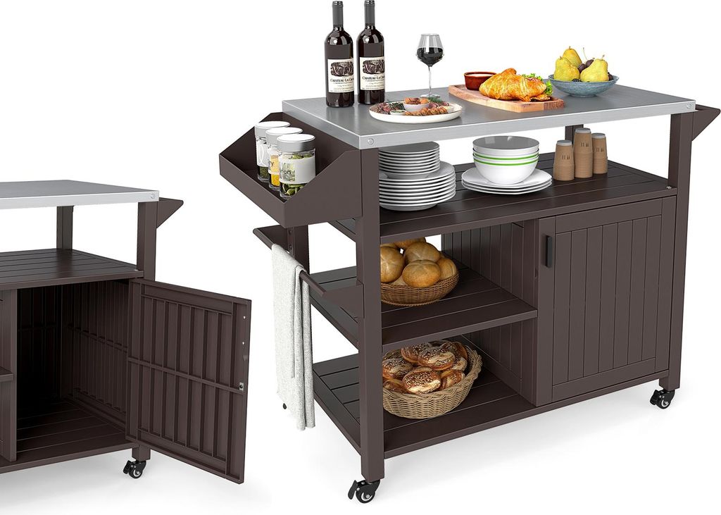 KOMFOTTEU Grillwagen mit 3 Etagen, aus Metall, Grillwagen für BBQ, Camping, Party, mit Edelstahlplatte, Ablagen, Gewürzregal und Handtuchhalter, ...