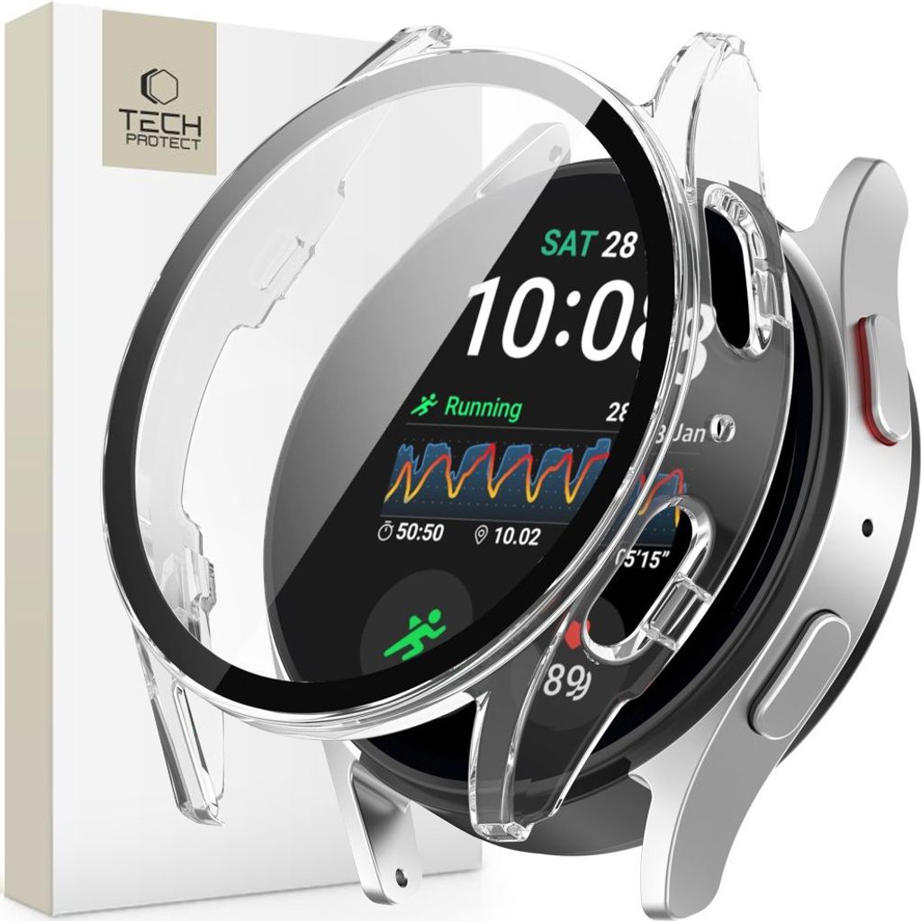 A transparent protective case is shown fitted over a smartwatch, with the watch face displaying the time and fitness data. A product box is partially visible on the left.