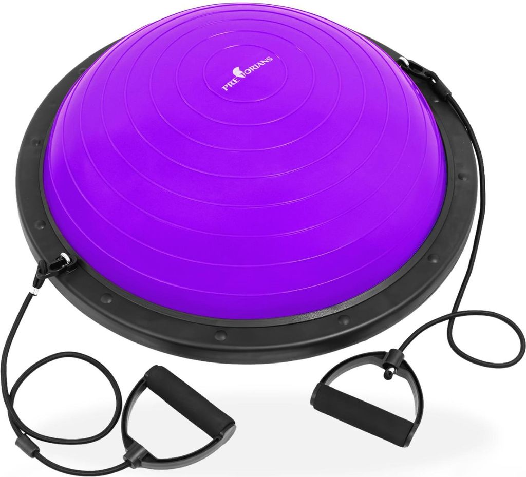 A purple balance trainer with black resistance bands and handles, shown on a white background.