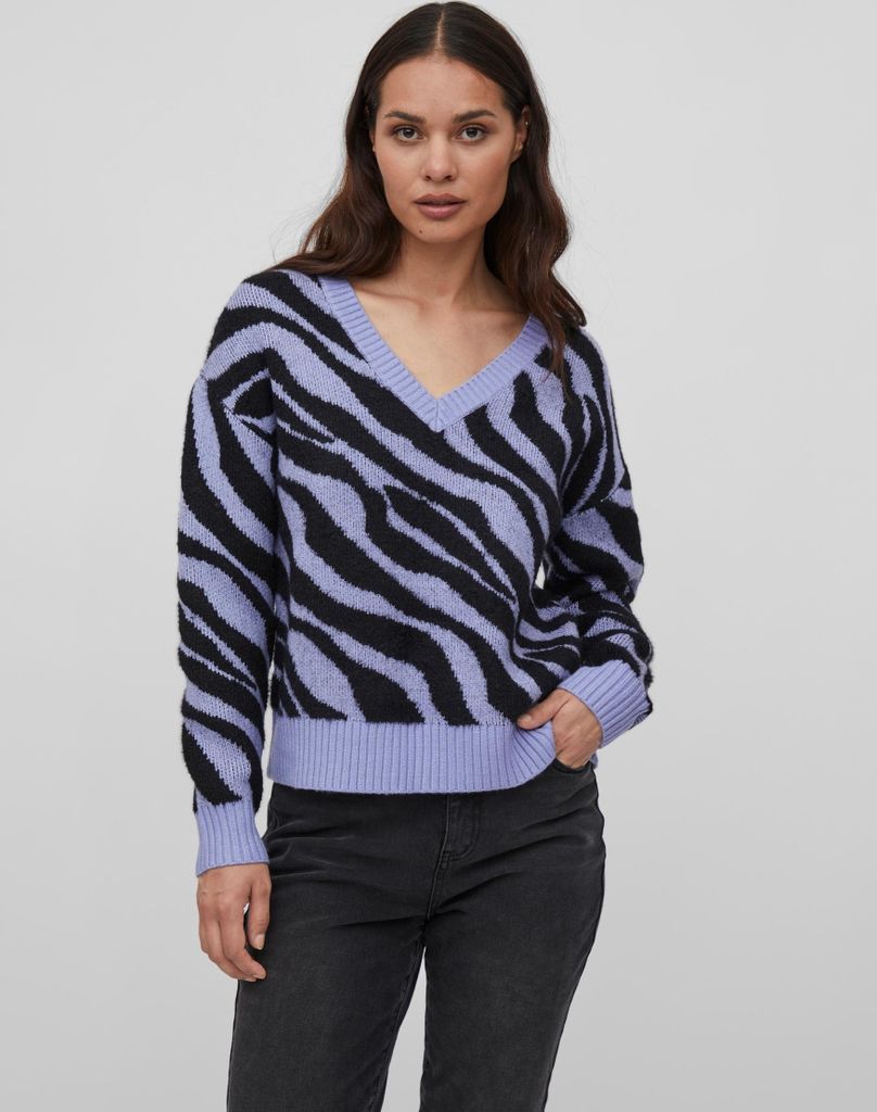 VILA Kuscheliger Strickpullover Zebra Animal Muster V-Neck Sweater VIRIL Größe: S