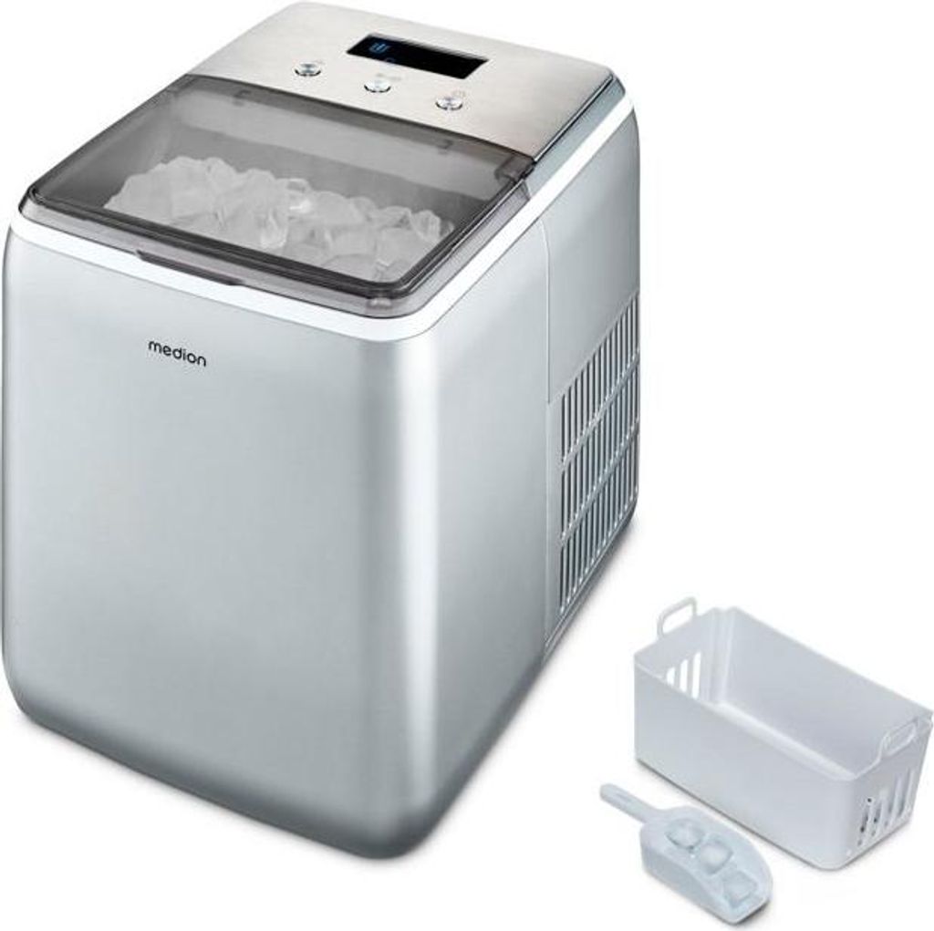 Eiswürfelmaschine MEDION MD11950, 15kg/24h, 2,6L Tank, 2 Größen, 10 Minuten, Kristallklar, Inox