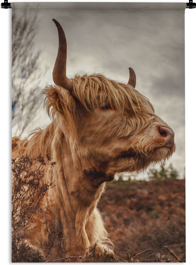 MuchoWow Wandteppich Wandbehang Scottish Highlander - Strauch - Heidekraut 60x90 cm Tapisserie Dekoration Wandtuch - Foto-Teppich - Abwaschbar