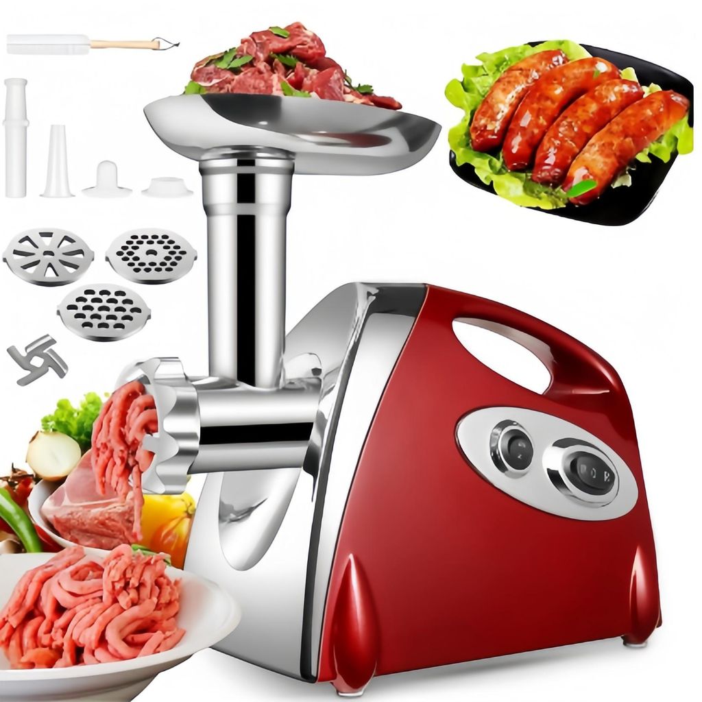 2800W Elektrischer Fleischwolf, 3in1 Multi Küchenmaschine,Super-intelligenter Wärmeschutz,Wurstmaschine mit 3 Lochscheiben, 4 Kegel-Klingen,rot