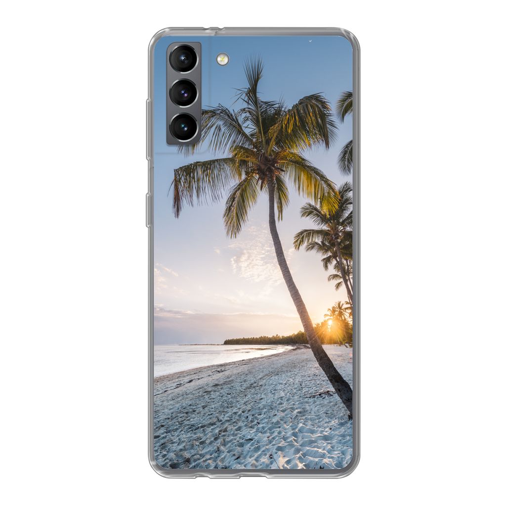 MuchoWow Handyhülle Schutzhülle Hülle für Samsung Galaxy S21 Plus Strand - Sonnenuntergang - Palme Silikon Softcase Handy Hülle - Handy-Tasche