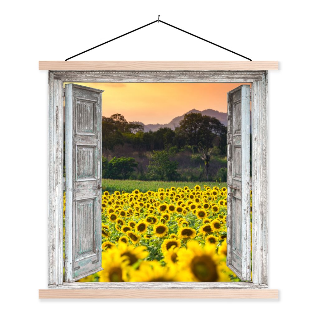 MuchoWow Textilposter Sonnenblume - Abend - Blumen - Ansicht 120x120 cm mit holzfarbenen Rahmen - Textil-Poster