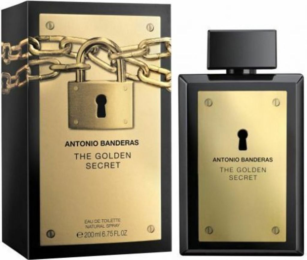 A product box and bottle of Antonio Banderas The Golden Secret Eau de Toilette.