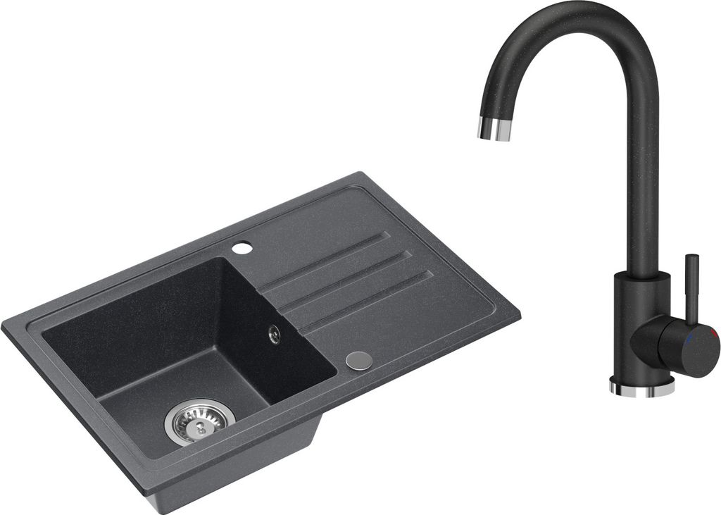 A black granite sink and a black faucet are shown against a white background.