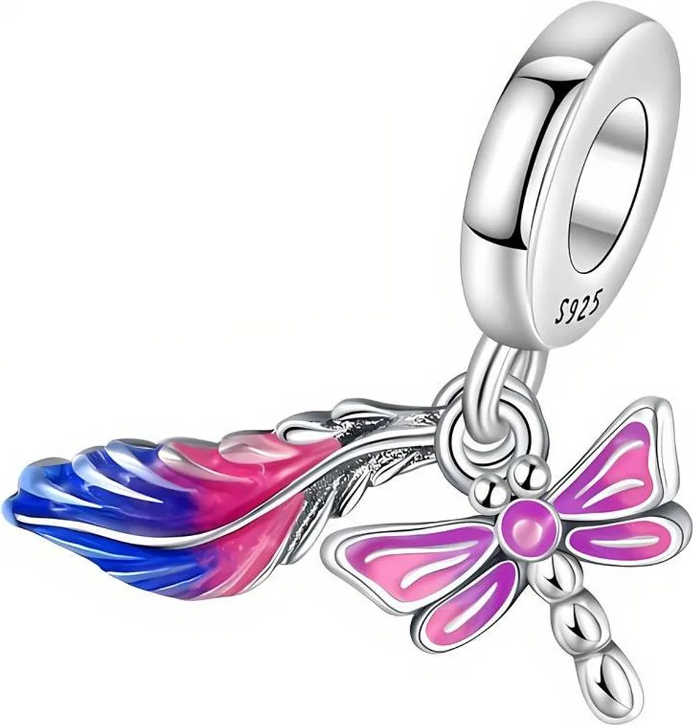 Ciondolo Pandora con piume colorate e libellule