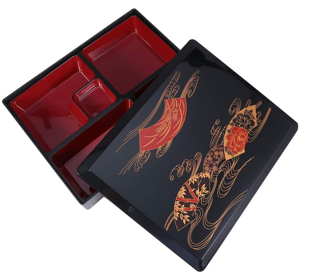 Japanische Bento-Box, mittelgroß, mit 5 Fächern, ideal für Büro, Schule und Reisen. Traditionelle Sushi-Box in Holzoptik. Maße: 30 x 24 x 6,5 cm.