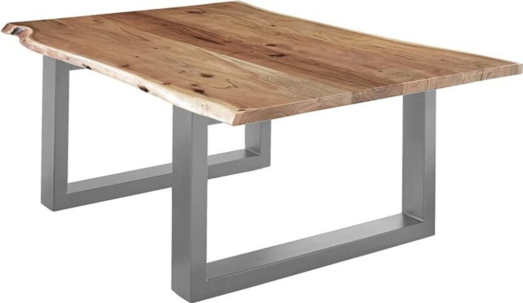 Couchtisch 120 x 80 cm Lubin, echte Baumkante, Akazienholz naturfarben lackiert, massiver Sofatisch, U-Metallgestell Silber, Beistelltisch, Tischpl...