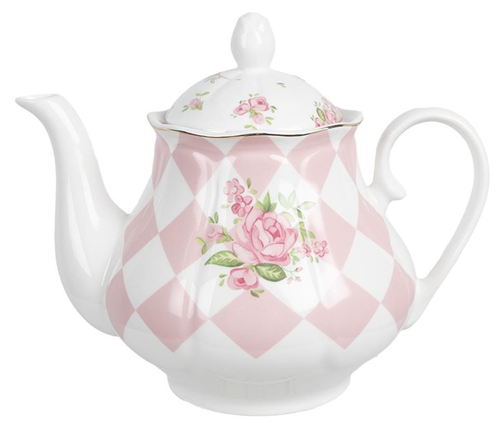 Clayre & Eef Teekanne 1000 ml Rosa Weiß Porzellan Rosen