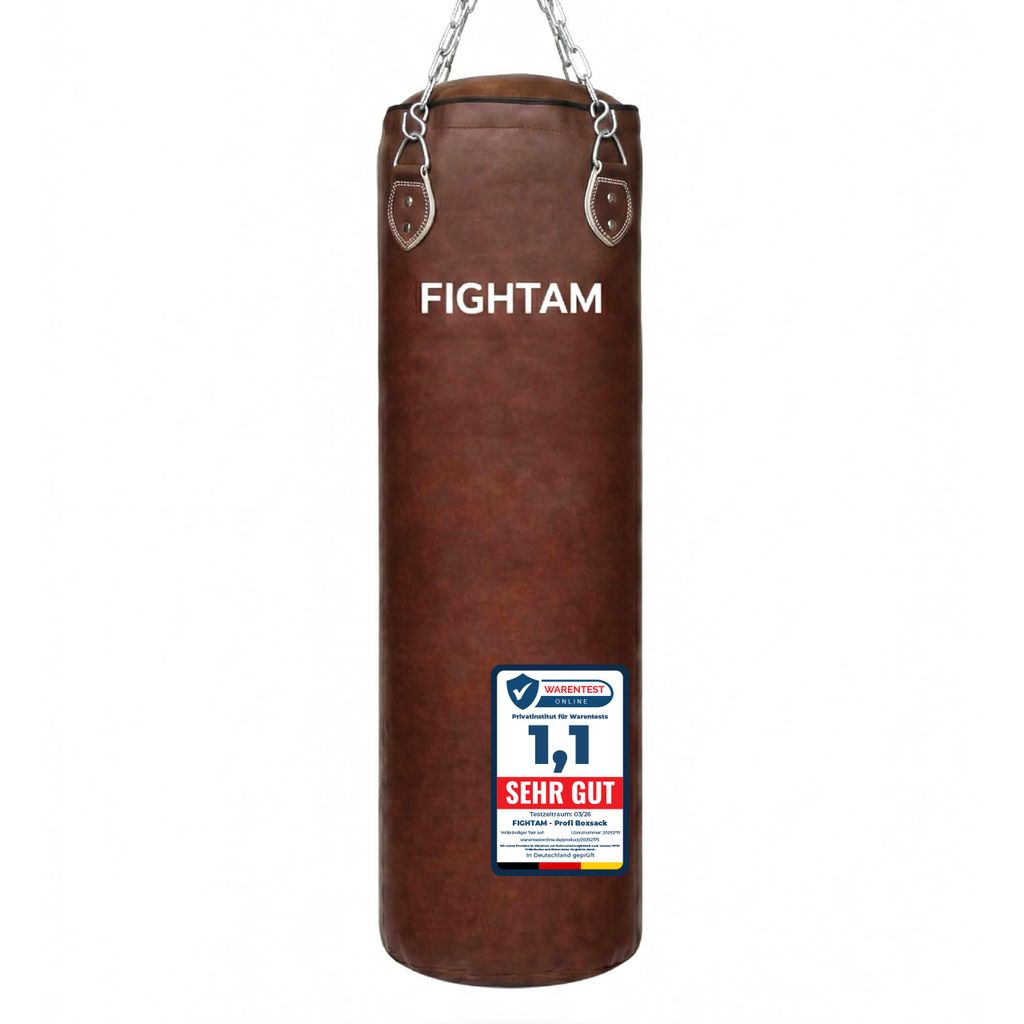 FIGHTAM Boxsack gefüllt in Vintage Braun - 150cm - inkl. 4-Punkt Stahlkette & 360° Drehwirbel für Boxen, Kickboxen, MMA & Kampfsport