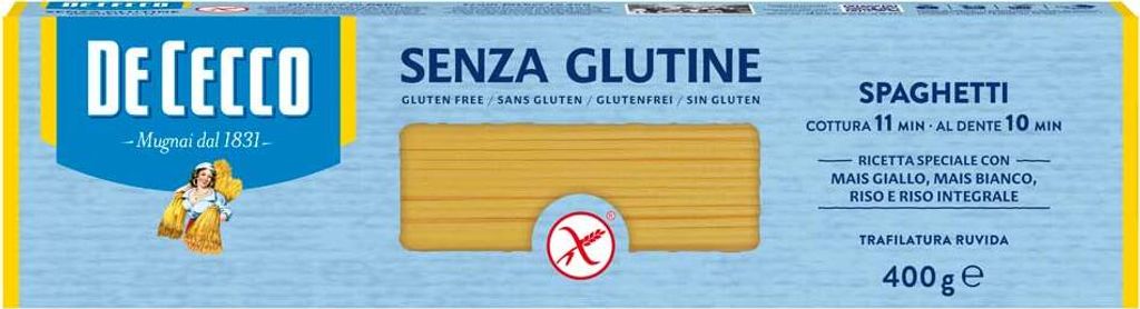 The image shows the front packaging of De Cecco gluten-free spaghetti.