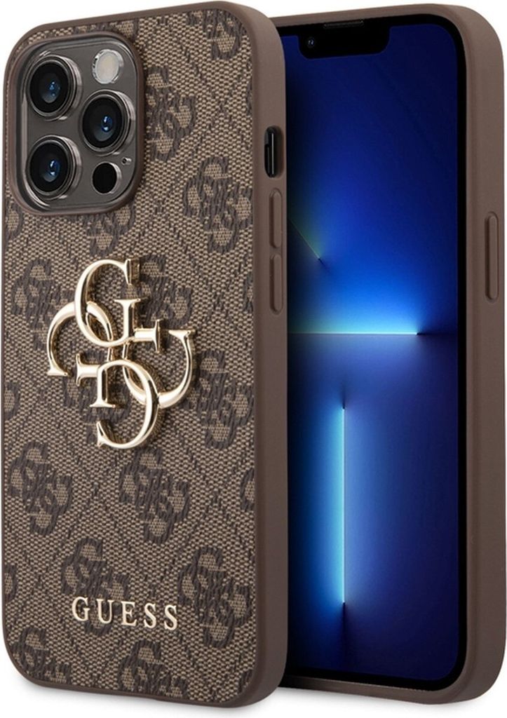 A close-up view of a brown phone case with a repeating Guess logo pattern and a prominent gold Guess logo.