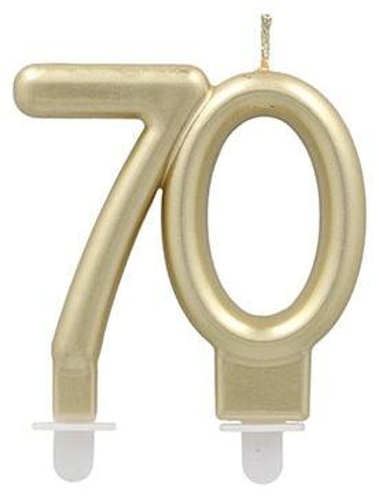 PAPSTAR Jubiläumskerzen gold "70" mit Halter, 7 cm hoch | Karton (12 Packungen)