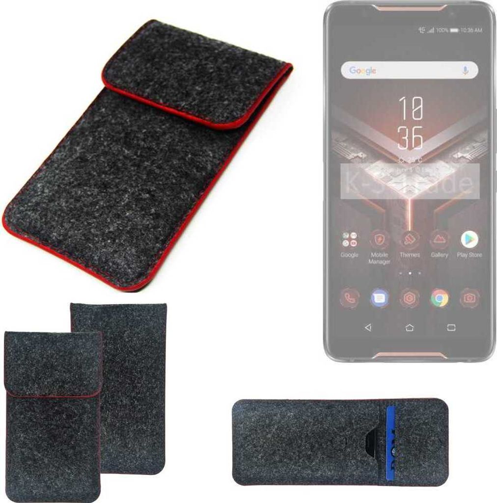 K-S-Trade Handy Schutz Hülle kompatibel mit Asus ROG Phone 2 Schutzhülle Handyhülle Filztasche Pouch Tasche Case Sleeve Filzhülle dunkelgrau roter