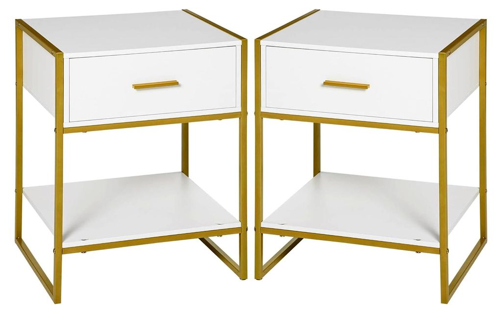 2er Set Nachttische, Nachtkommoden mit Schublade und offenem Regal, Beistelltische für Schlafzimmer und Wohnzimmer, 45 x 40 x 60 cm, Weiß+Gold
