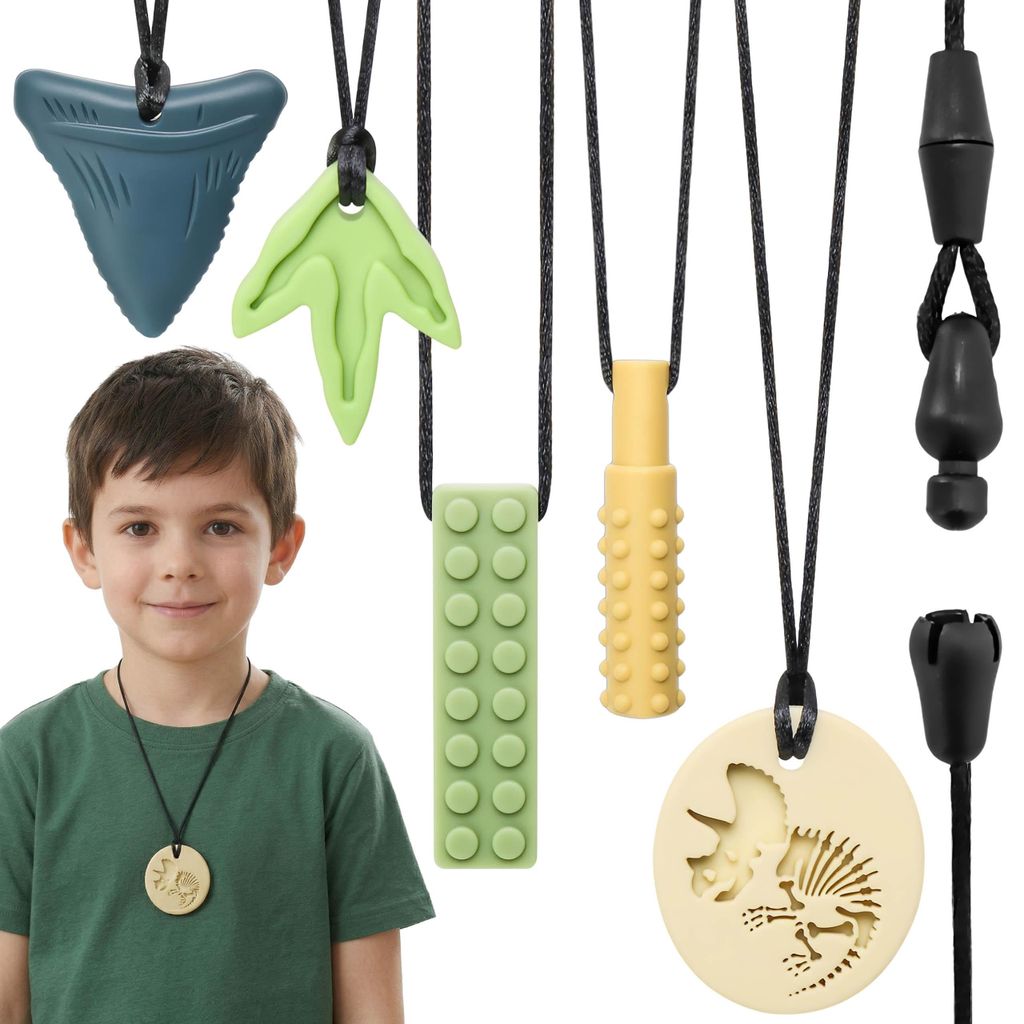 CLDY Set mit sensorischen Beißringen für Kinder und therapeutischer Halskette, Silikon-Spielzeug – 5 Stück
