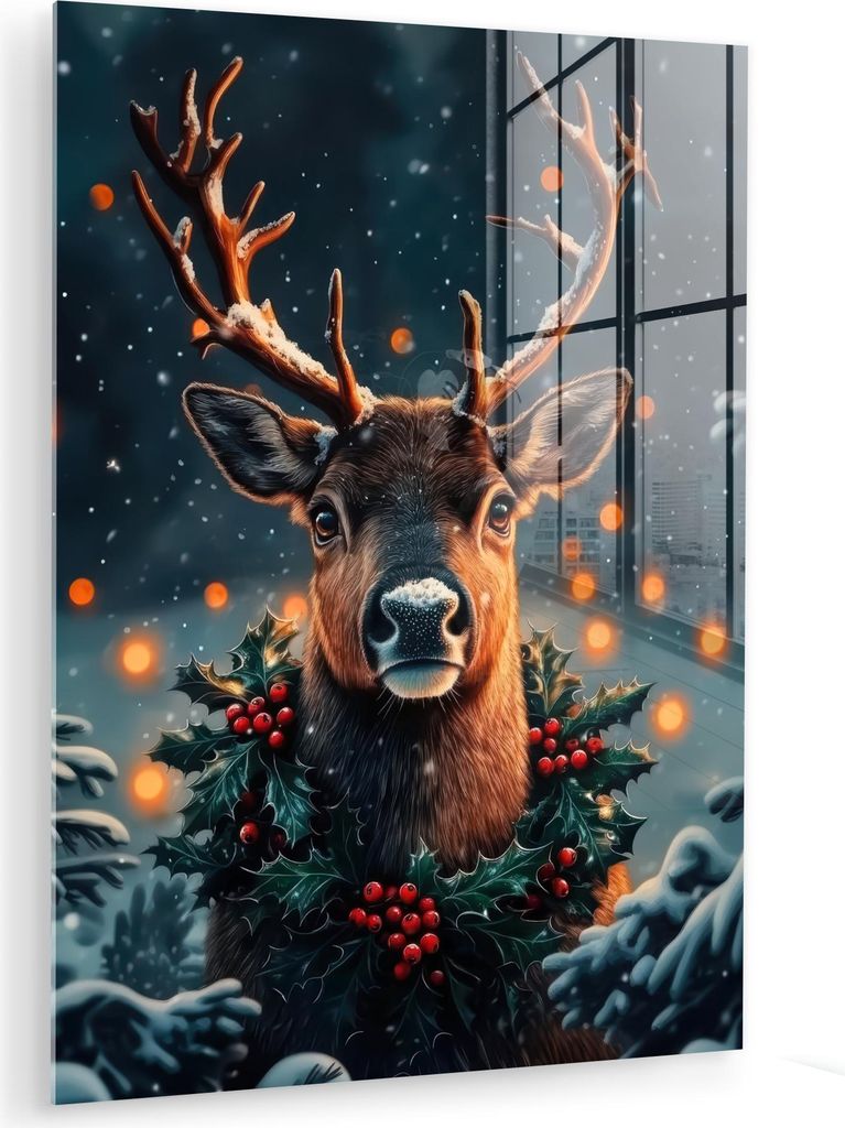 MuchoWow Glasbilder - Bilder auf Wandbild - Foto auf Glas Hirsch - Weihnachten - Winter - Schnee - Weihnachtskranz 30x40 cm Wanddekoration aus Glas...
