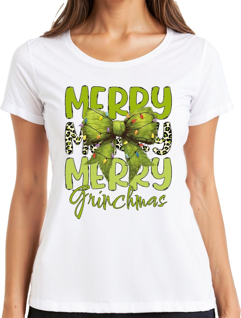 Merry Grinchmas grüne Schleife Weihnachten Leopardenmuster Geschenk Damen T-Shirt, Weiß, 3XL