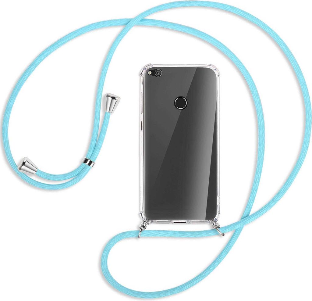 Handykette Backcover-Schutzhülle mit Band (Metall silberfarben) für Huawei P8 Lite / P9 Lite 2017 - himmelblau
