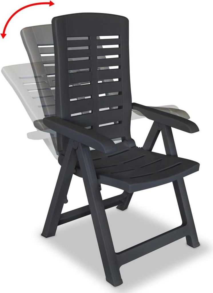 A dark gray plastic garden chair shown from a three-quarter angle, with ghosted images indicating its adjustable backrest.