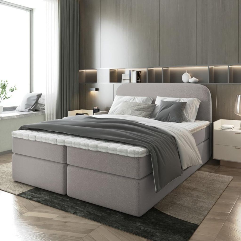 Bett Doppelbett Boxspringbett NOBI mit Bonell-Matratze Bettkästen Boucle Stoff - TOPPER T25 ( 180x200 , CAPPUCCINO - CORAL 50)