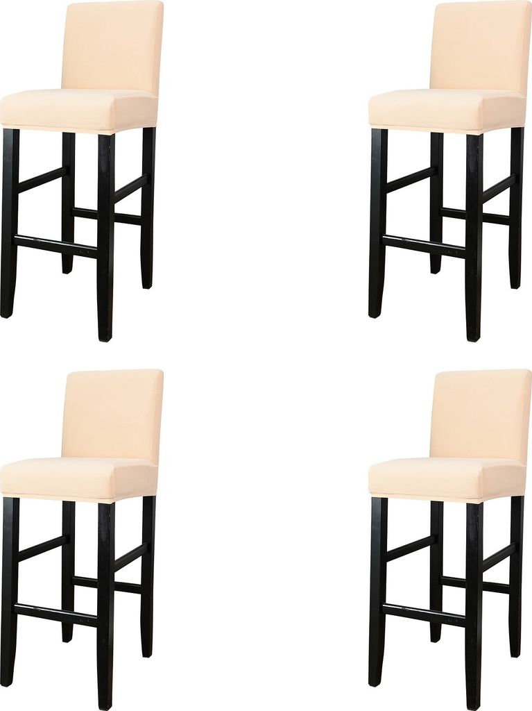 Four beige bar stools are arranged in a grid against a white background.