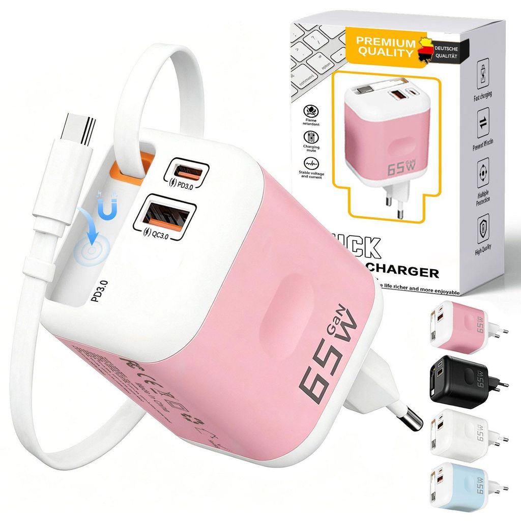 2026 NEW 65W GaN 3 in 1 USB C Ladegerät mit Einziehbarem Produktbild 