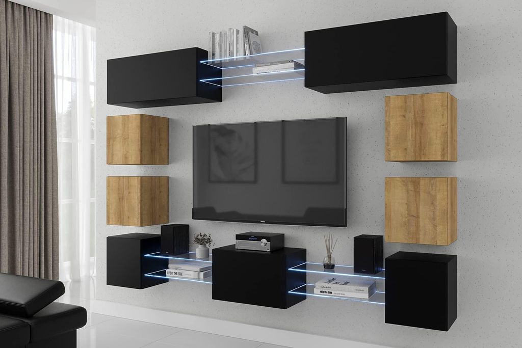 Furnitech Wohnwand Wohnzimmer - Wohnzimmer Möbel mit LED RGB - 16 Farben - Hängend Wohnwand Modern - Regale und TV Schrank (Future C80N-21BDZ-M34)