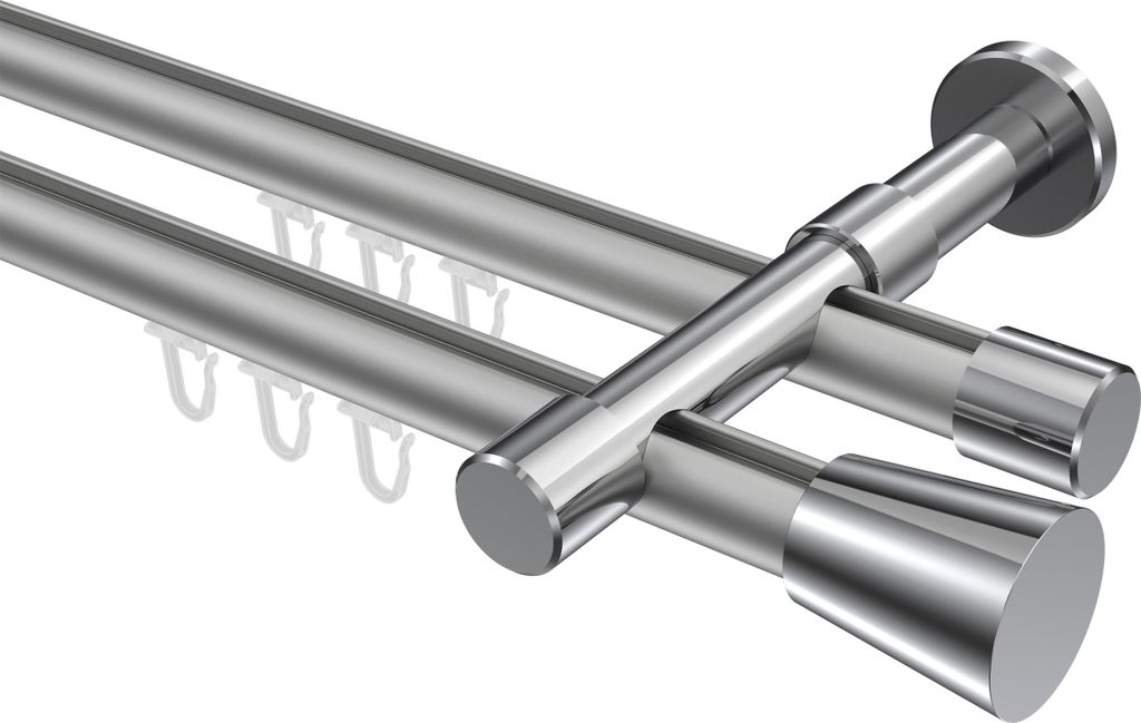 Interdeco Innenlaufstange / Gardinenstange mit Innenlauf Silbergrau / Chrom, Typ Prestige Sitra (Konus), 20 mm Ø 2-läufig, 220 cm