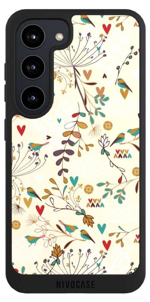 NIVOCASE Handyhülle für Samsung Galaxy S23 Hülle NIVOpure Case Schwarz Blumen Retro Vogel