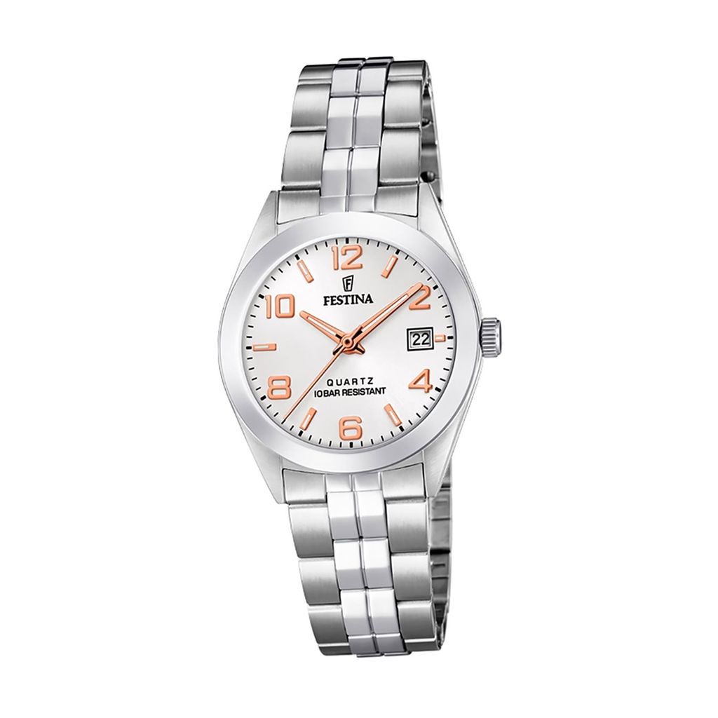 A product shot of a silver Festina watch on a white background.