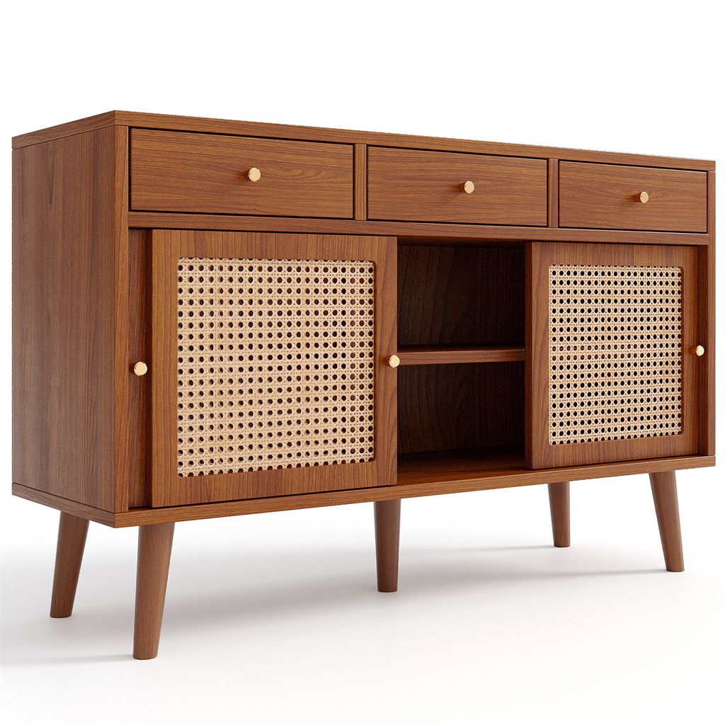 Sideboard(120x40x78cm)Kommode mit 3 Schubladen und 3 Schiebetüren,Rattangeflecht auf den Türfronten,Beine aus massivem Holz,verstellbare Ablagen