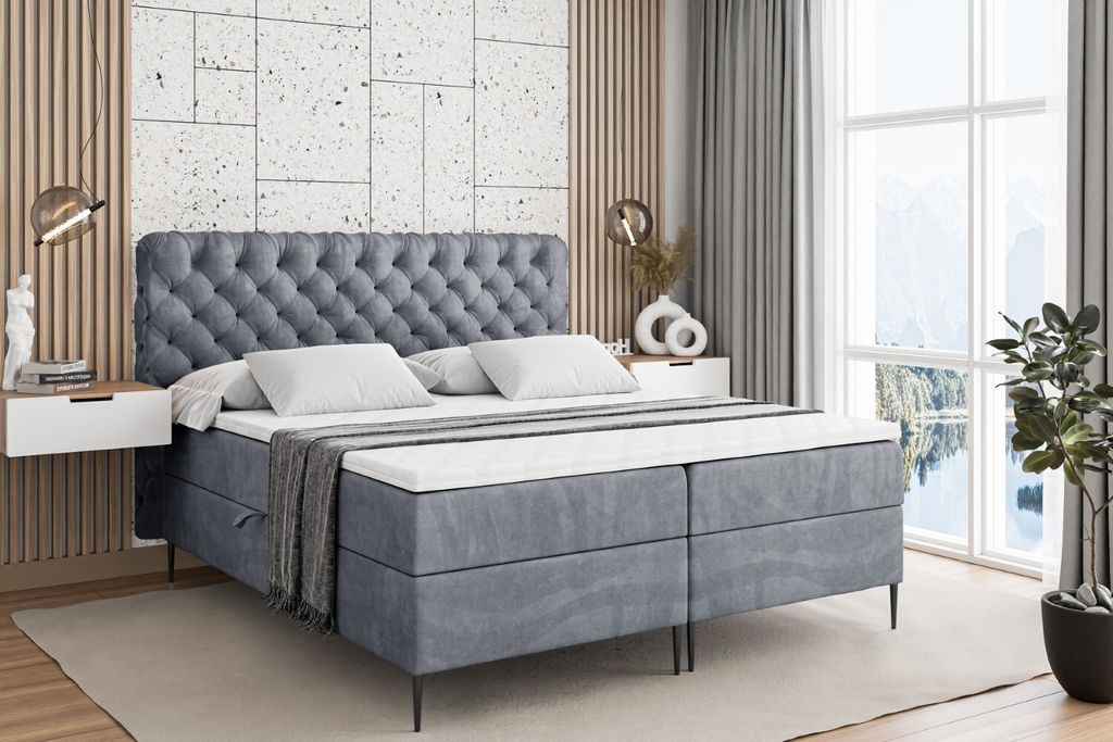 ALTDECOR Boxspringbett mit Schwarz Füßen, Matratze und Lattenrost, Boxbett, Topper, Polsterbett mit Bettkasten, Bett mit Stauraum H4-Matratze, D...