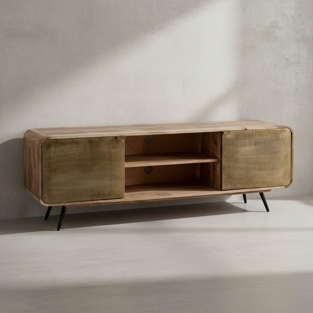 Lowboard Mango Massivholz 160x55x41 cm TV-Kommode mit zwei punzierten Türen, Design TV-Schrank Hoch, Fernsehtisch Fernsehschrank Modern, Fernsehko...